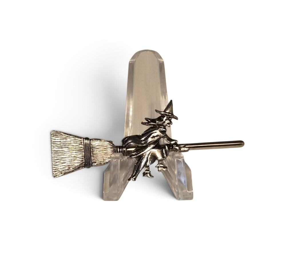 Vintage Silver Tone Witch Flying on Broom Halloween Brooch Pin